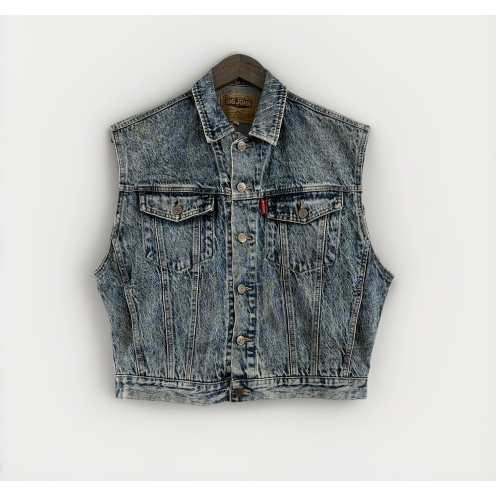 Vintage 80s 90s BIG JOHN Men's LL Jean Denim Vest Buckle Back Acid Wash